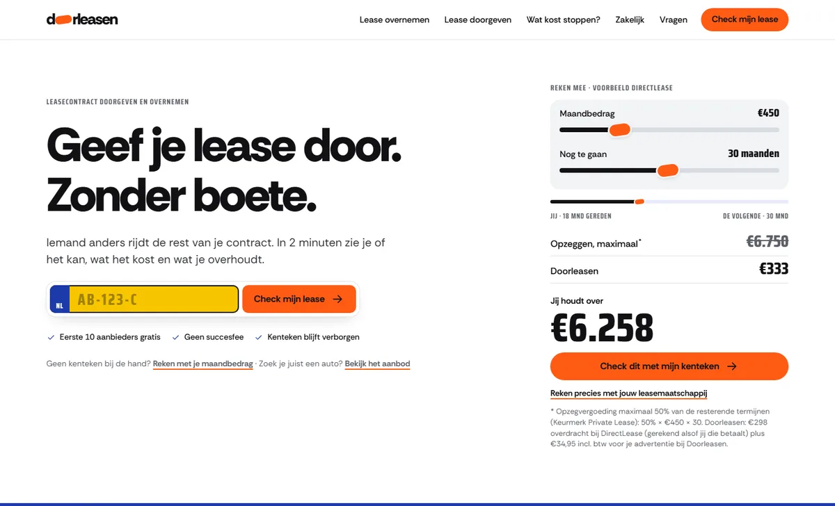 De homepage van Doorleasen, een platform om je leasecontract over te dragen